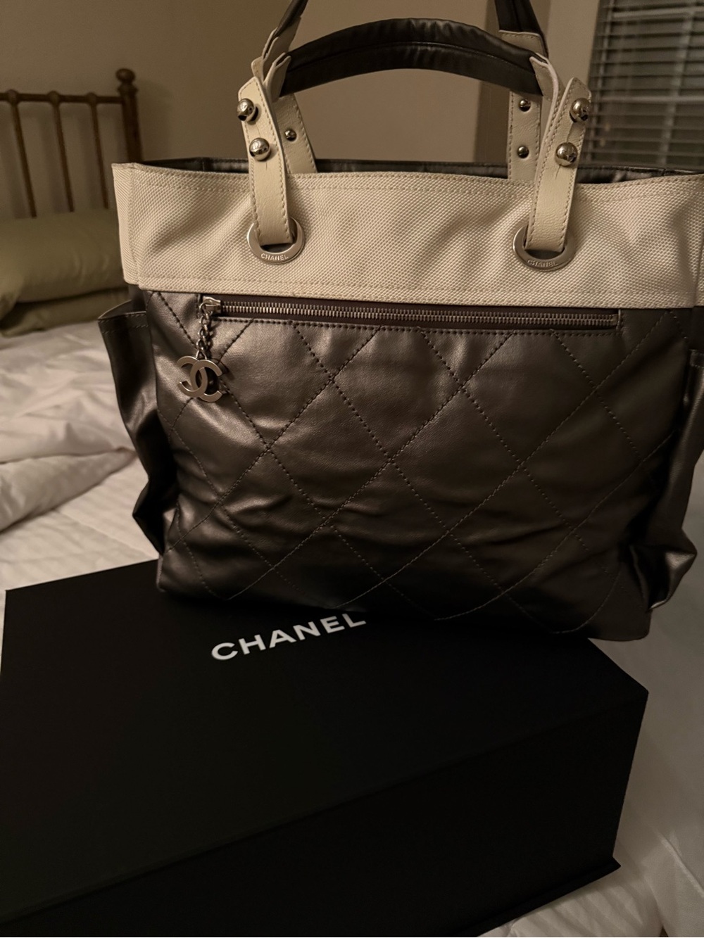 CHANEL Quilted Leather and Canvas Two-Tone Tote — Black and Cream
